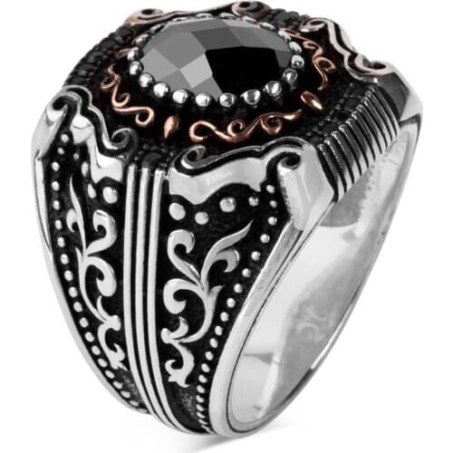 925 Sterling Silver Black Zircon Stone Patterned Silver Mens Ring Exclusive Silver Ring for Men Zirconia Ring
