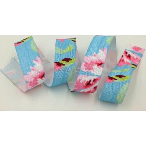 5/8" Floral Print Fold Over Elastic Ribbon Flower Print FOE Elastic for DIY Headwear Hair Band Hair Accessories 100Yard/lot
