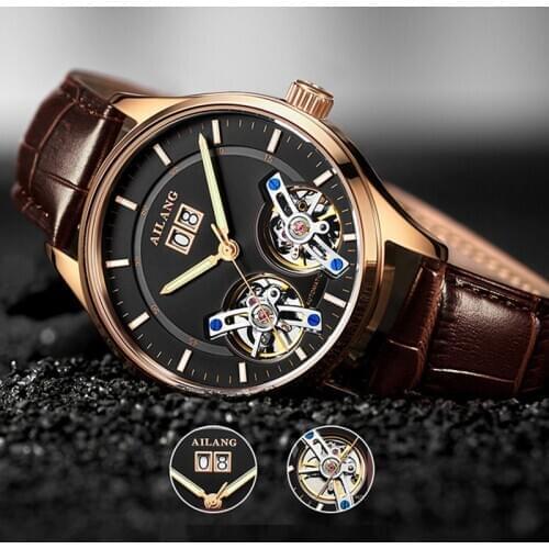 AILANG Top Brand Automatic Watches Men Mechanical Double Tourbillon Wristwatch Mens Calendar Watch Steampunk Reloj Hombre 2021