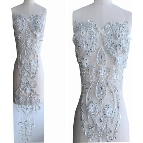 Handmade white Hot drilling Rhinestone pearl lace embroidery patch applique wedding dress bordados DIY Performance clothing