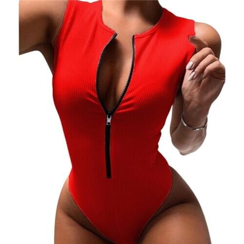 Summer Black Sleeveless Ribbed Knitted Summer Bodysuit Woman Solid Zipper Bodycon Jumpsuit Body Women Fashion Bodysuits Tops