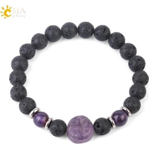 CSJA Natural Lava Bracelet Engraved Tree of Life Big Bead Purple Crystal Lapis Pink Quartz Elastic Bracelets for Men Women G005