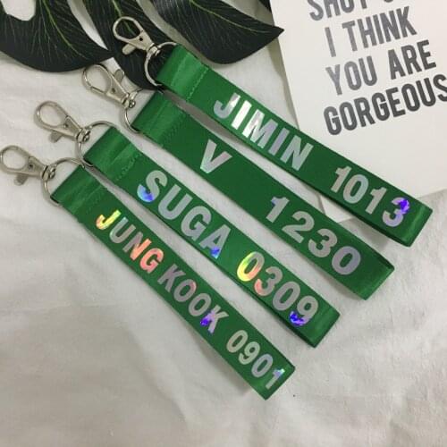 KPOP Bangtan Boys Keychain Green Laser Name Birthday Key Chains Kook V SUGA JIMIN JHOPE RM Key Ring Accessory