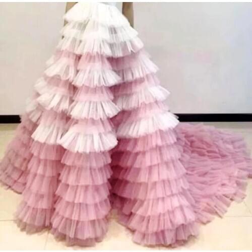 Custom Made Cake Tulle Skirts Long jupe femme Long Tiered Tulle Skirts Women Formal Birthday Female Long Bridal Skirt Dusty Pink