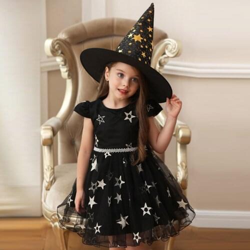 Fantasy Witch Dress With Hat Kids Child Girls Pageant Gown Halloween Dance Party Costume Princess Dress+Hat платье для девочки