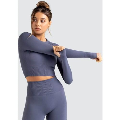 Women Tracksuit Workout Set Seamless Yoga Set Fitness Sports Clothing Tracksuit Long Sleeved Crop Top +tights Athletic Wear