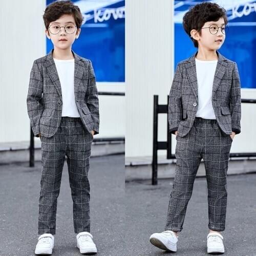 Grey Tweed Plaid Boys Suits 2 Piece Set Summer Autumn Children Prom Wedding Suit Blazer Oversize Kids Dinner Tuxedo Jacket Pants