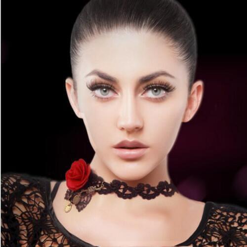 Pretty Red Flower and Black Lace Leaf Lady`s Fashionable Lace Choker Necklace
