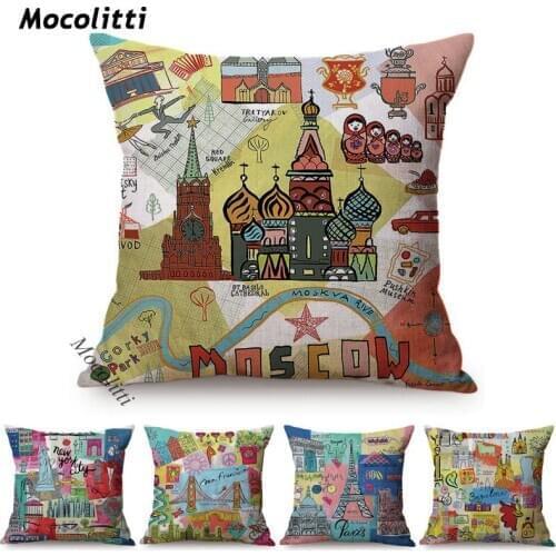 Colorful Painting Travel Map World Famous Building Landscape Decoration Kids Nursery Art Room Sofa Throw Pillows Cushion Cover