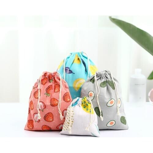 Cotton Linen Fabric Pouch Drawstring Bag Cute Fruit Print Kids Travel Cloth Shoes Storage Bag Makeup Case Christmas Gift Bag