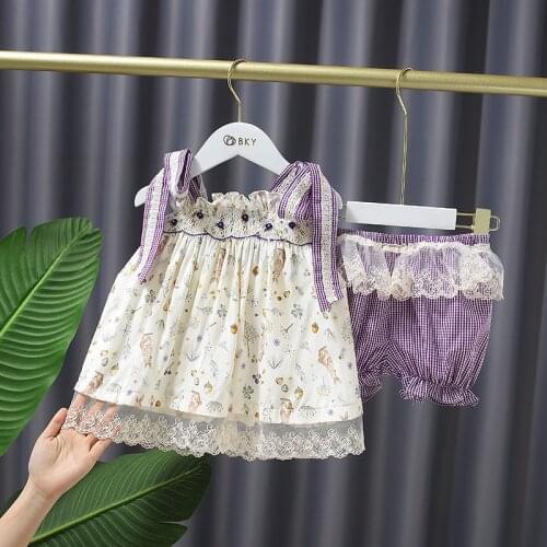 Baby Girls Sweet Clothes Set Summer Infants Children Floral Sleeveless Shirt + Lace Shorts Pants Princess 2pcs Sets Kids