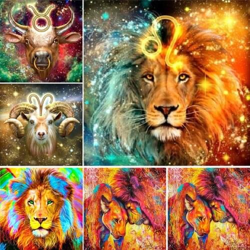 5D Diamond Painting Kits Rhinestone Embroidery Home Decoration Zodiac Cross Stitch Mosaic Animal Full Round With AB Drill Lion