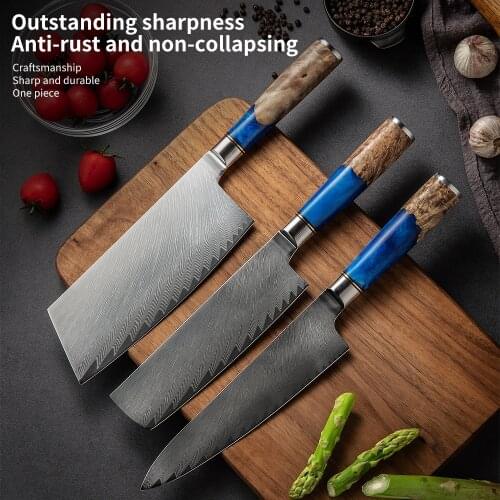 Set of chefs knives in Damascus steel, VG10 for the kitchen, bread knife, cleaver, wrist in blue resin and woody pattern