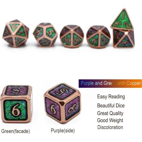 2020 New Metal Dice Set Dnd Scales Pouch of 7pcs RPG MTG Board Games D4 D6 D8 D10 D% D12 D20 Color Changing from different angle