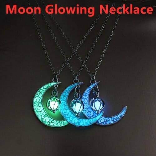 2020 New Halloween Women Pendant Moon Glowing Necklace Gem Charm Jewelry Silver Plated Hollow Luminous Stone Pendant Necklace