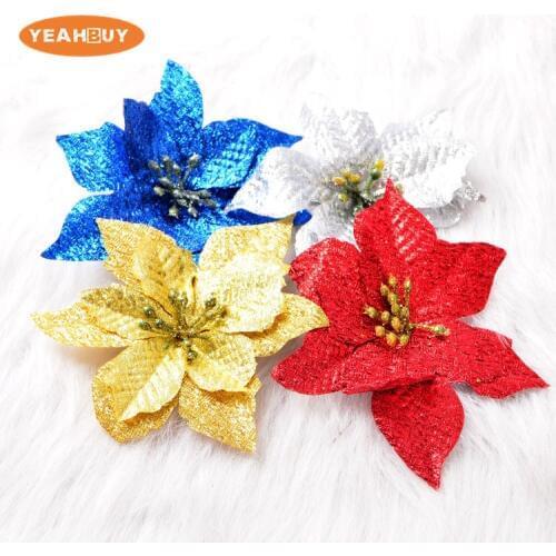 Wholesale 13cm 4 Colors Christmas Flower Head Artificial Silk Poinsettia Flowers For Holiday Home Decoration Christmas Supplies