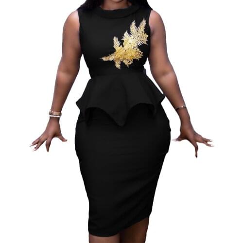 2021 Autumn African Women O-neck Sleeveless Black Blue Knee-length Dress African Dresses for Women African Clothes Women