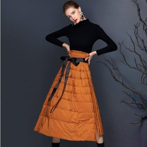 2021 Autumn And Winter New Warm Down Skirt Solid Color Slit A-line Skirt Womens Mid-length Bow Tie Wrap Hip Cake Skirt