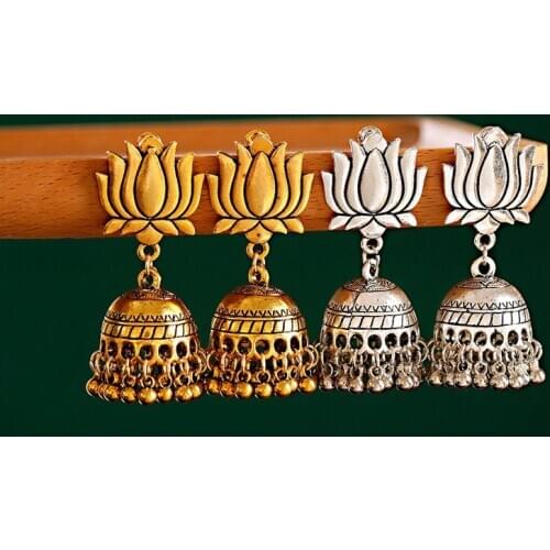 Egypt Vintage Gold Silver Color Lotus Jhumka Bells Tassel Earrings For Women Turkish Tribal Gypsy Indian Jewelry