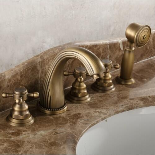 Deck Mounted 5 Holes Bathtub Mixer Faucet Antique Brass Widespread 3 Handle bathroom basin Faucet Set Handshower atf051