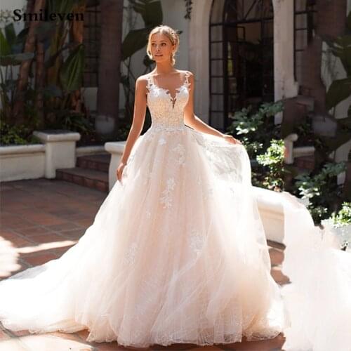 Smileven A Line Lace Wedding Dress Glitter Tulle Boho Bridal Dresses V Neck arabic Vestido De Noiva Wedding Gowns