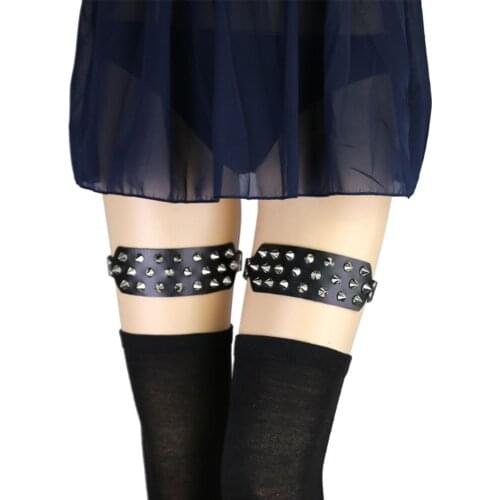 Top grade wide leather three row leather rivet leg ring gothic adjustable elastic rivet garter