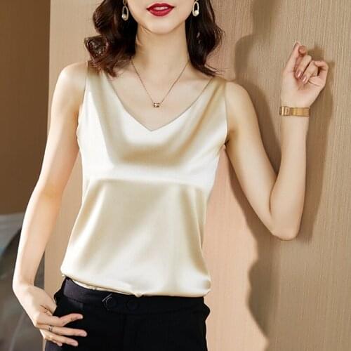 Womens Satin Silk Cami Tank Tops Bottoming Vests T-Shirt Ladies V-Neck Spaghetti Strap Plus Size Sleeveless Blouses