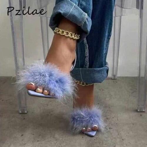 Pzilae 2021 New Purple Sandals Women Sexy Open Toe Feather Design Summer High-Heeled Chain Sandals Ladies Wedding Shoes Zipper