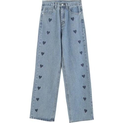 Jeans woman heart print ripped jeans straight leg jeans for women denim