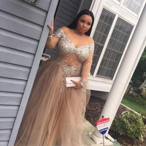 2020 Plus Size Charming Prom Dresses Beaded Off The Shoulder Long Sleeves Evening Dresses V Neck Tulle Special Occasion Dresses