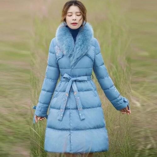 Winter Lace Embroidery Elegant Real Rur Down Coat Female Was Thin Thicker Warm Fluffy Down Coats With Belt F2329 dropship