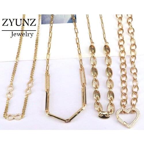 5PCS, Gold Color Micro Pave CZ Coffee Bean Safety Pin Link Chain Choker Necklace For Women Charm Jewelry