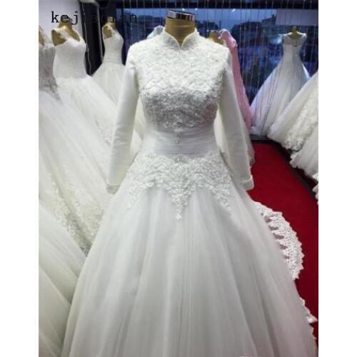 Arabic Bridal Gown Islamic Long Sleeve Muslim Wedding Dress Arab Ball Gown Lace Hijab Wedding Dress 2021 wedding gown