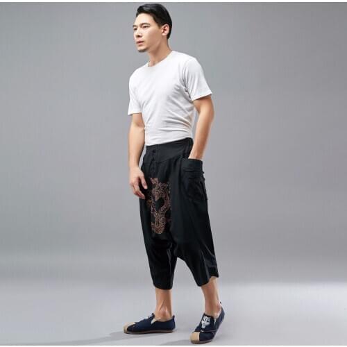 Men yoga pant linen embroidery loose crotch pant male baggy running jogger fitness gym workout casual pant sportswear sweatpants