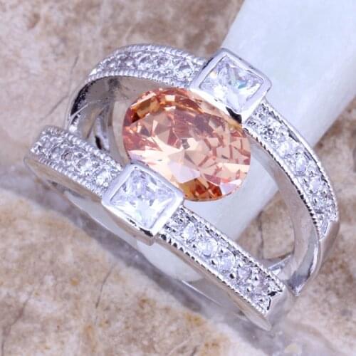 Valuable Brown Morganite White CZ Silver Plated Ring Size 6 / 7 / 8 / 9 R0320