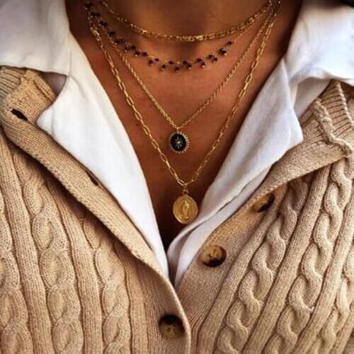 Docona Vintage Gold Virgin Mary Pendant Necklace for Women Multilayer Cross Black Enamel Geometric Sweater Chain Jewelry Gift