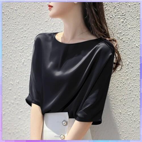 Elegant Silk T-Shirt Women Tee Shirt Fashion Vintage T-Shirts Femme Mulberry Silk Short-Sleeve Top Summer Solid Slash Neck Tops