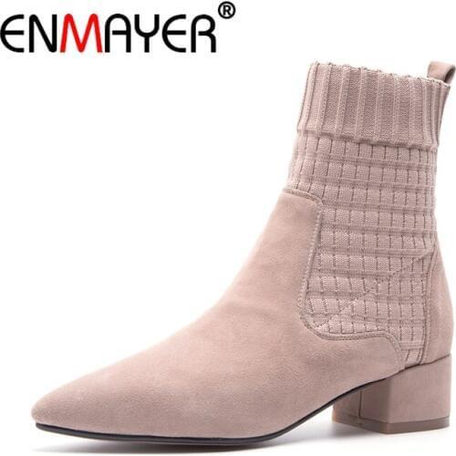 ENMAYER Women Ankle Boots Size 34-39 Causal Med Heels Thick Heels Fashion Boots Pointed Toe Shoes woman Slip on Kid Suede CR1243