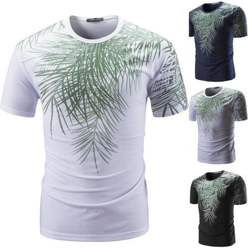 2018 new European and American mens T-shirts Leaf printed round neck slim short-sleeved T-shirt streetwear