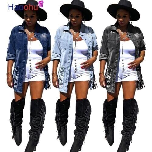 HAOOHU Autumn Women Sexy Ripped Denim Jackets 2020 Vintage Casual Jean Jacket Long Sleeve Winter Coat Streetwear Plus Size