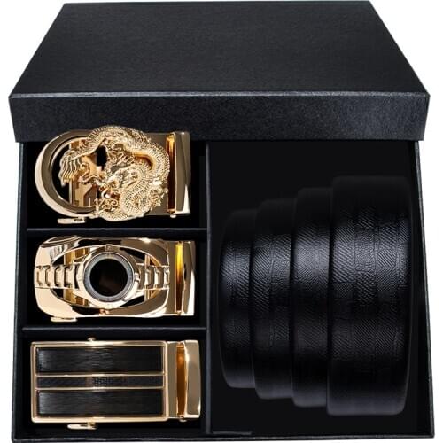 Hi-Tie Luxury Brand Belt and Box For Men Gift Cow Genuine Leather belt and 3 Buckles Business Mens Gold Design Luxury Box Belt