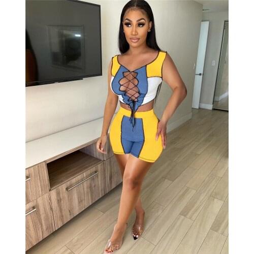 CHRONSTYLE Color Patchwork Ribbed 2 Piece Outfits Women Suit Summer Lace-up Crop Tops Biker Shorts Streetwear Sexy 2 Piece Set