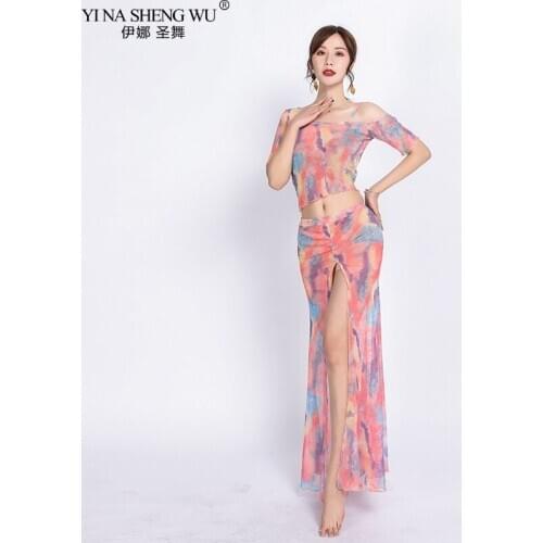 Belly Dance Practice Costume Set Women Sexy Perspective Mesh Top+Split Skirt Suit Oriental Bellydance Team Training Clothing New