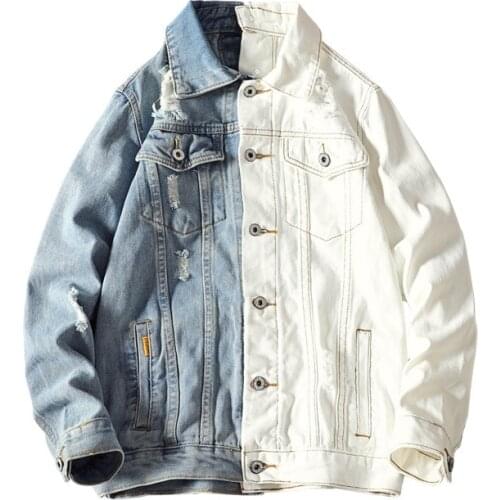 Mens Detachable Color Contrast Denim Jackets Ripped Patchwork Slim Casual Coat for Male