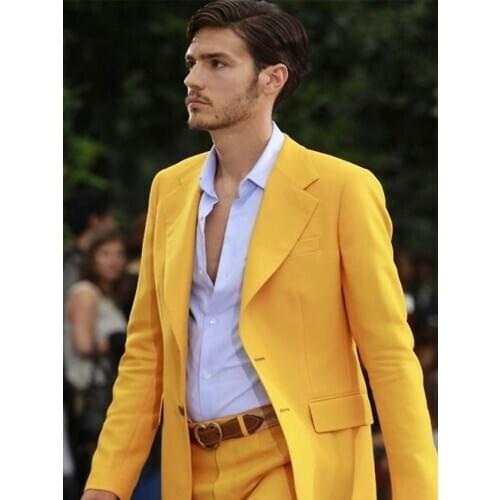 ANNIEBRITNEY Yellow 2 Piece Slim Fit Men Formal Suit Tailor Made Groom Wedding Tuxedo 2 Piece Prom Wedding Business Men Suit Set