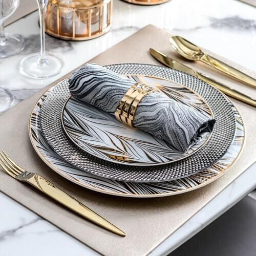 Luxury Gold Line Ceramic Dinner Plate Geometric Dinnerware Set For Wedding Banquet Round Dishes and Plates Kitchen Supplies