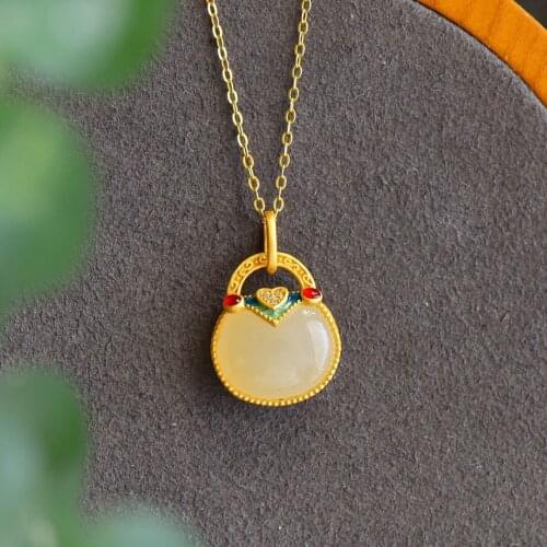 Original S925 Sterling Silver Enamel Natural Hetian Jade Small Bag Lucky Purse Pendant Small Necklace Ornament