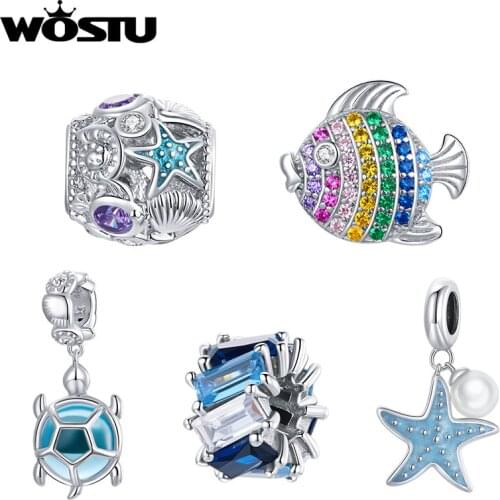 WOSTU New Original 925 Sterling Silver Colorful Fish CZ Charms Fit Silver Bracelets for Brand DIY Making Jewelry Gift DXC1803