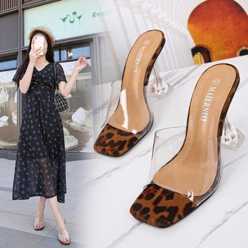 Sexy high heels leopard slippers women 35-44 big size transparent flip flops crystal stiletto sandalias mujer clear party slides
