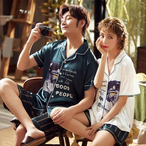 Couple Pajamas Womens Summer Ice Silk Thin Short Sleeve Loose Student Lovely Mens Homewear Set